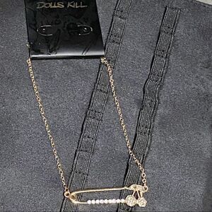 Dolls Kill Cherry Rhinestone Safety Pin Necklace